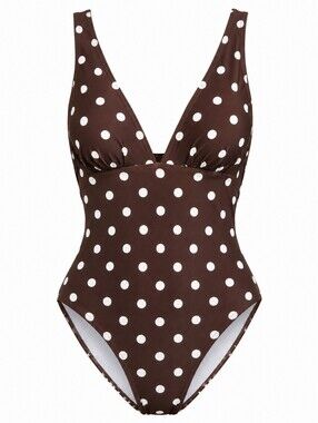 NWT Shade & Shore Brown Polka Dot Plunge One Piece Swimsuit M 8-10 Retro PinUp